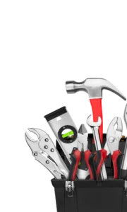 Toolbox filled with a hammer, wrenches, pliers and a level