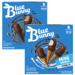 Blue Bunny Mini Swirl Cones featuring creamy ice cream swirled in crispy mini cones, perfect for a sweet frozen treat.